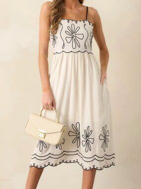 Stitch + Feather Embroidered Linen Blend Midi Dress Scallop Trim Size M